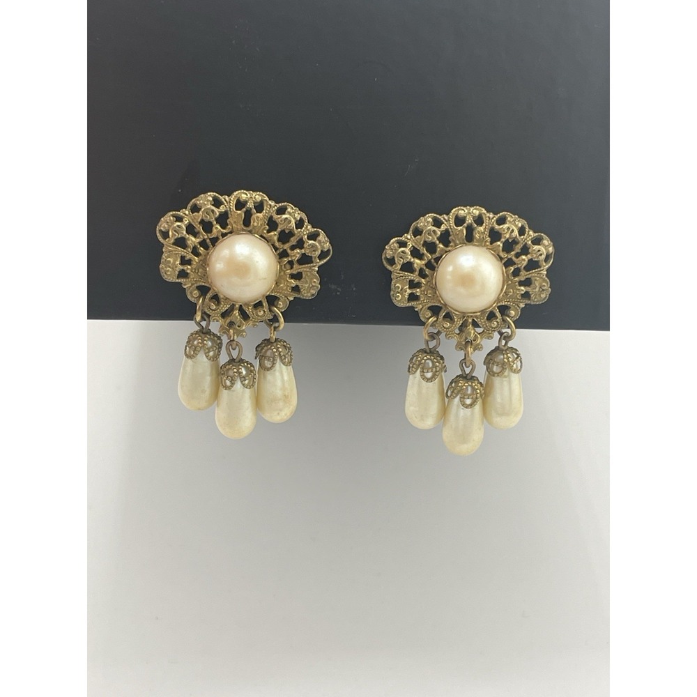 Miriam Haskell Pearl Earrings VTG Clip Russian Gold Tone Dangle Drop Clip Screw